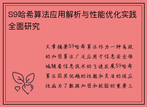S9哈希算法应用解析与性能优化实践全面研究