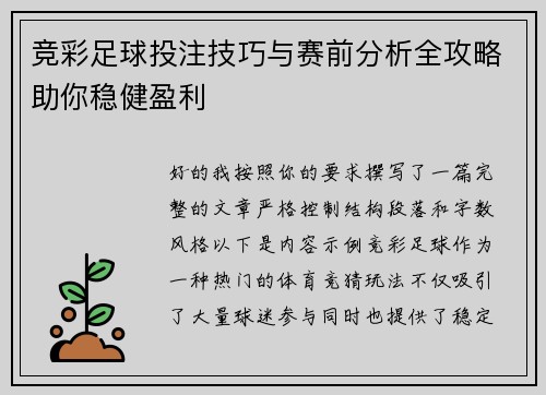 竞彩足球投注技巧与赛前分析全攻略助你稳健盈利 竞彩足球投注技巧与赛前分析全攻略助你稳健盈利